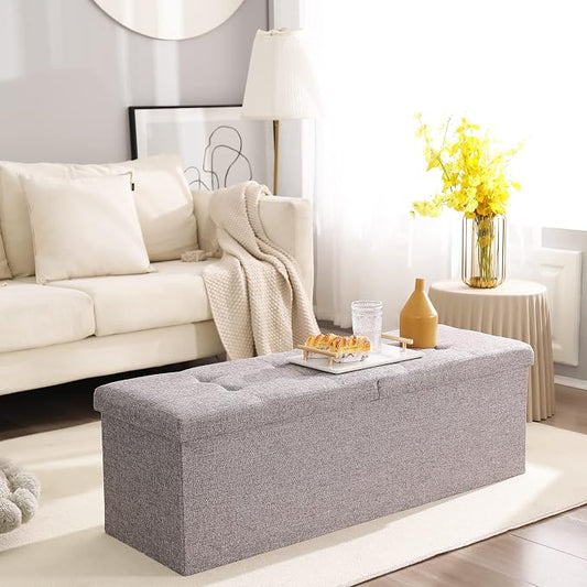 45.3 Inches Foldable Seat Footrest Shoe Bench End of Bed Storage with Flipping Lid, 166L Upholstered Tufted Bench, Linen Fabric Grey