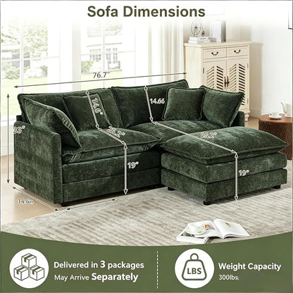 Modular Sectional Sofa with Ottoman, 76.7" Modern L Shaped Sectionals Cloud Couch, Comfy Couch Loveseat, 3 Seat Chenille Deep Seat Sofa with Pillow for Living Room,Bedroom Apartment,Small Spaces-Green