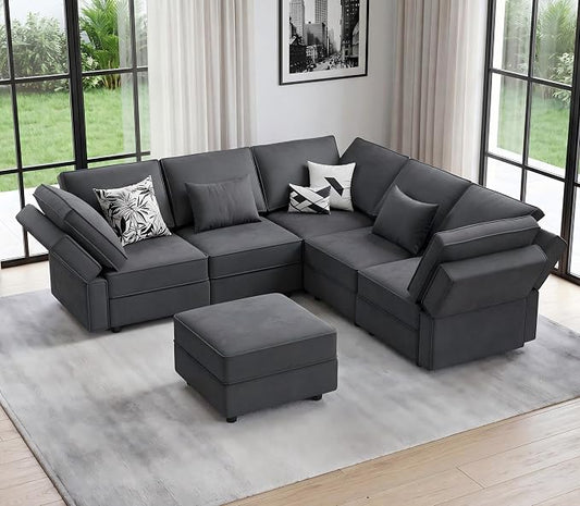 Vesgantti Sectional Couches with Storage Seats, 92" V Shaped Convertible Modular Sectional Sofa, 5 Seat & 1 Ottoman Velvet Storage Chaises Deep Seat Couch for Living Room, Bedroom, Apartment, Gray