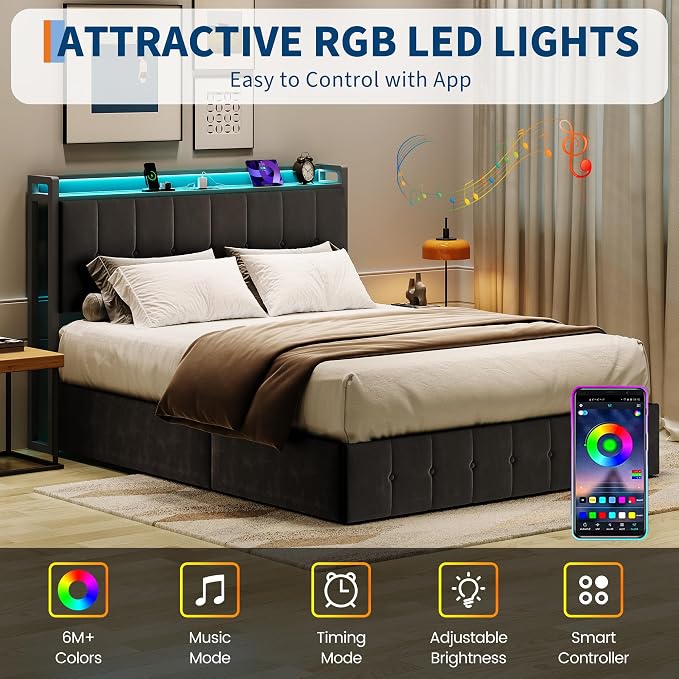 Garvee Full Size Lift Up Storage Bed with LED Lights, Upholstered Velvet Bed Frame with Storage Headboard & Charging Station, Metal Platform Bed, No Box Spring Needed, Solid Wooden Slats, Black