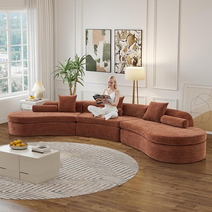 AVZEAR Curved Modular Sectional Sofa, Chenille Upholstered Cloud 6 Seater Couch for Living Room, No Assembly Modern Love Seat Sofa with 3 Bolster Pillows & 3 Square Pillows, High-Density Foam, Orange