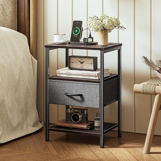 SUPERJARE Nightstand with Charging Station, Bed Side Table with Adjustable Fabric Drawer, Night Stand for Bedroom, 3-Tier Storage End Table, for Living Room - Walnut