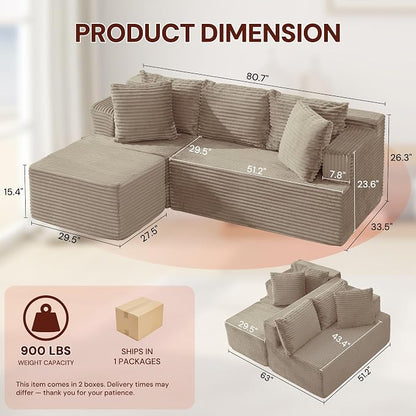 Korser Boneless Couches for Living Room, Cloud Couch Sectional with Ottoman, L-Shaped Sofa with Fluffy Comfy Corduroy Deep Seat, Bedroom, Apartment, No Assembly Required