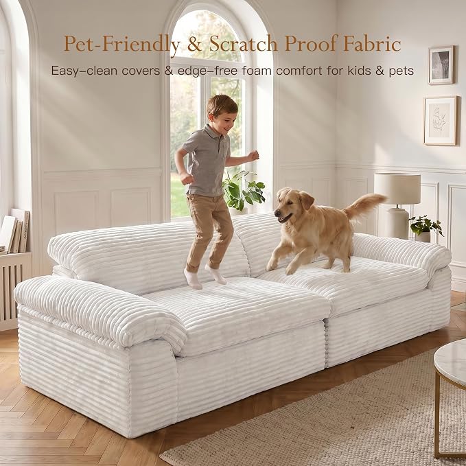 Vesgantti 118" Boneless Couches for Living Room, Cloud Sectional Couch & Deep Seat, 3 Seater Comfy Corduroy Modular Sofa, Modern Slouch Couch, No Assembly Required, White