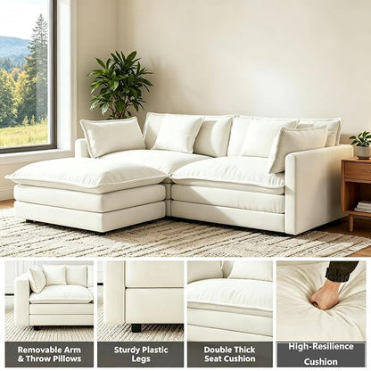 Modular Sectional Sofa with Ottoman: 76.7" Modern L Shaped Sectionals Cloud Couch, Comfy Couch Loveseat, 3 Seat Chenille Deep Seat Sofa with Pillow for Living Room,Bedroom Apartment,Small Spaces-Beige