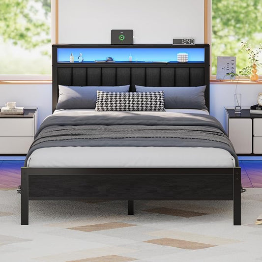 Furnulem Queen Size Bed Frame with Charging Station and LED Lights, Platform Bed with Metal Slats, Grey Upholstered Headboard with 2-Tier Storage Shelves, No Box Spring Needed