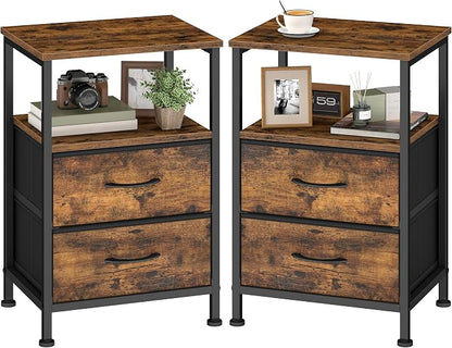 SONGMICS Nightstand, Bed Side Table, End Table with 2 Drawers and 1 Open Shelf, Industrial, Set of 2, Rustic Brown, BELLAH Collection ULGS062K101S