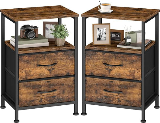 SONGMICS Nightstand, Bed Side Table, End Table with 2 Drawers and 1 Open Shelf, Industrial, Set of 2, Rustic Brown, BELLAH Collection ULGS062K101S