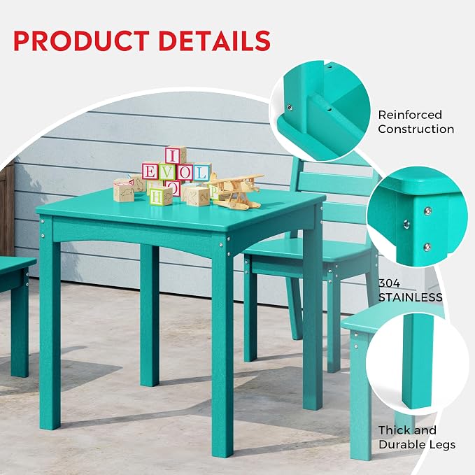 Costaelm Kids Table and 4 Chair Set, Activity Table Chair Set, Toddler Game, Playroom Furniture, Picnic Table Chairs, 5 Piece Dining Table Set, Turquoise
