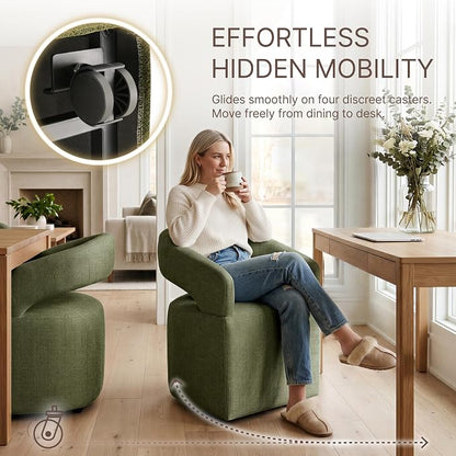 KISLOT Upholstered Dining Chairs Set of 4, Modern Arm Kitchen & Dining Room Chairs with Hidden Casters, Linen Fabric Padded Rolling Chairs, Sturdy Wood Frame, 300 lbs Capacity, Moss Green