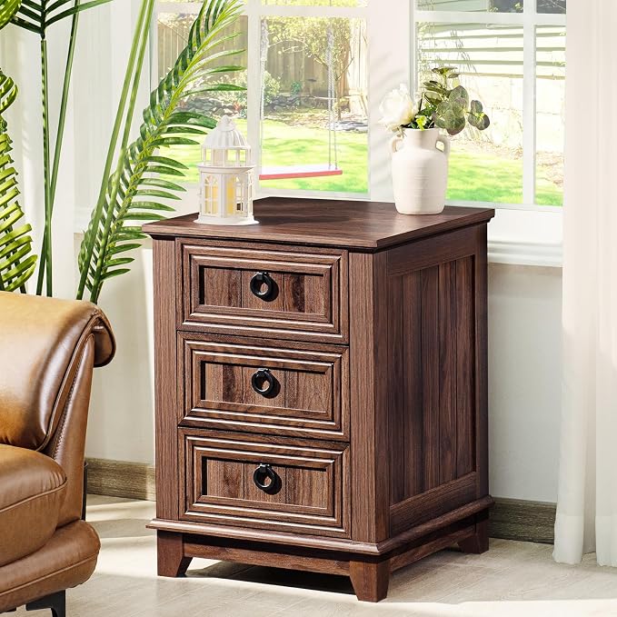 Joaxswe 18" Farmhouse Night Stand with 3 Drawers, Wood End Table Dresser for Bedroom, Retro Nightstand, Bed Side Table with Metal Handle, Bedside Cabinet for Bedroom Living Room, Closet