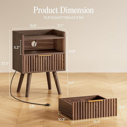 Huuger Nightstand with Charging Station, USB-C Port, Fluted Night Stand with Drawer, Bed Side Table with Solid Wood Feet, Open Storage, End Table with Raised Edge, for Bedroom, Walnut
