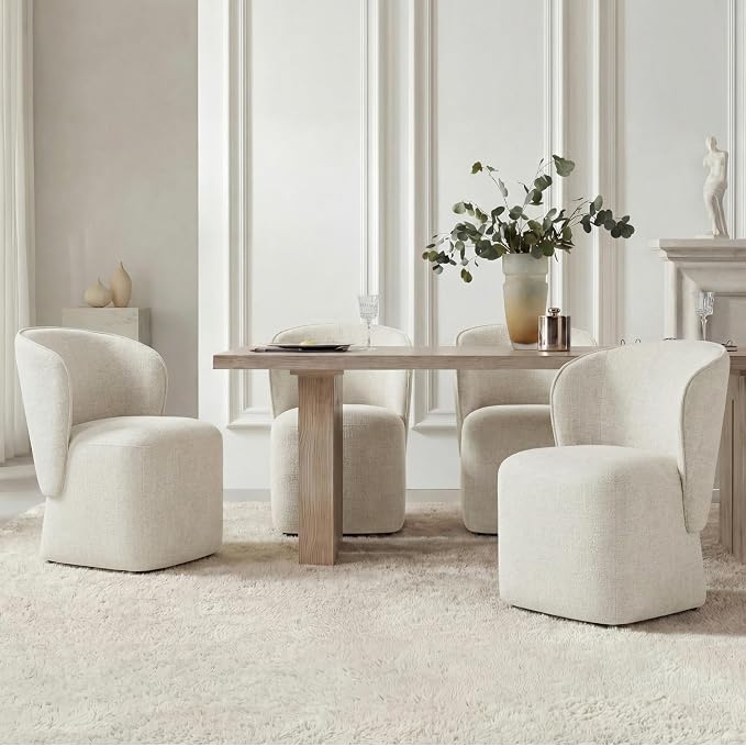 KISLOT Upholstered Dining Chairs with Wheels, No Assembly Stain Resistant Fabric Modern Barrel Armchair with Casters, Dining Room Chairs for Kitchen Living Room Bedroom, Linen, Set of 4