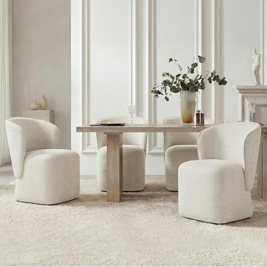 KISLOT Upholstered Dining Chairs with Wheels, No Assembly Stain Resistant Fabric Modern Barrel Armchair with Casters, Dining Room Chairs for Kitchen Living Room Bedroom, Linen, Set of 4