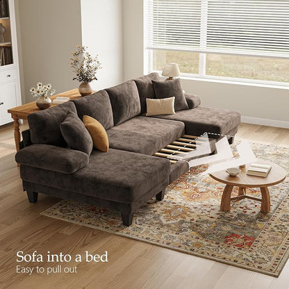 Txtin's Sleeper Sofa with Pull Out Couch Bed | 112 Inch Couches for Living Room | U-Shaped Convertible Sofa Bed | Chenille Brown