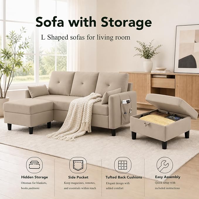 Convertible Sectional Sofa, 77" Small L Shaped 3 Seat Couch with Reversible Storage Chaise, Modern Polyester Fabric Sofa Couches for Living Room, Apartment and Small Space, Beige