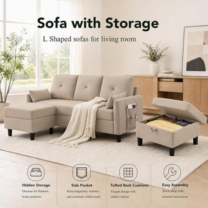 Convertible Sectional Sofa, 77" Small L Shaped 3 Seat Couch with Reversible Storage Chaise, Modern Polyester Fabric Sofa Couches for Living Room, Apartment and Small Space, Beige