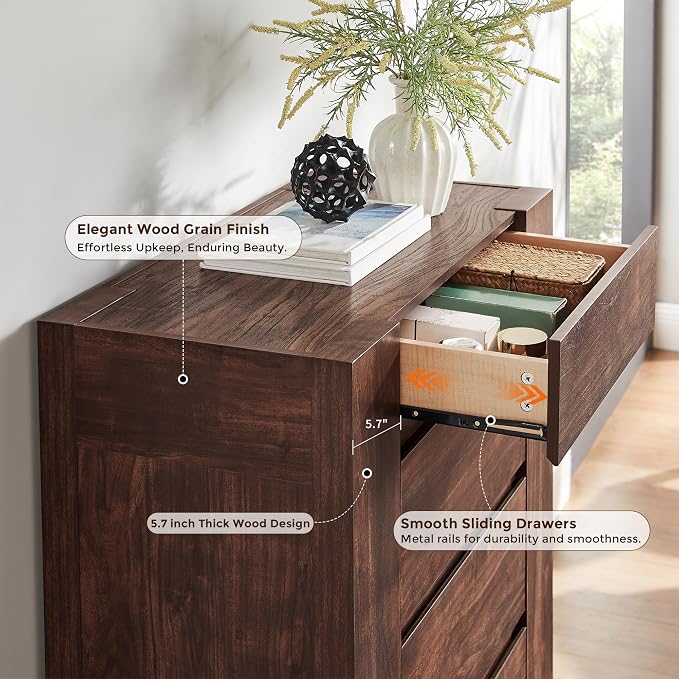 OKD 5 Drawer Dresser for Bedroom, 48" Tall Dresser Chest of Drawers with Thick Wood Design, Handleless, Modern Bedroom Dresser, Storage Organizer for Living Room/Entryway, Dark Walnut
