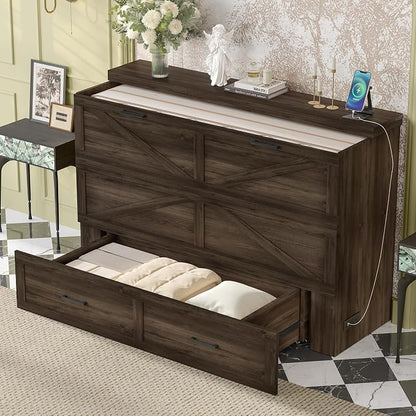 Merax Farmhouse Wood Murphy Bed Chest with Charging Station, Foldable Wall Platform Bed with Storage Drawer/Space Saving/Wood Slat Support/Full, Gray
