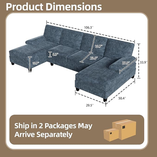 Shintenchi U-Shaped Sectional Couches for Living Room, 4 Seat Sofa with Double Chaise Lounges,Solid Wood Frame Sectional Sofa for Apartment,Dark Grey
