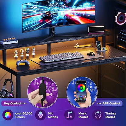 DUMOS 52” Gaming Desk with USB Charging Ports & LED Lights, Reversible Computer Desk with Drawers, PC Desk for Home Office Small Space, Gaming Table Fits PC Towers, Black
