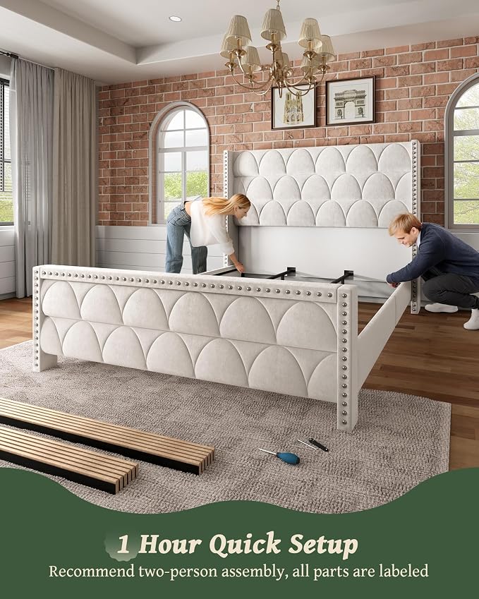 OHOHOLIVE King Size Bed Frame with 56" Headboard - Velvet Upholstered Wingback Platform Bed Frame, Noise Free, Sturdy Wooden Slat Support (Cream, King)