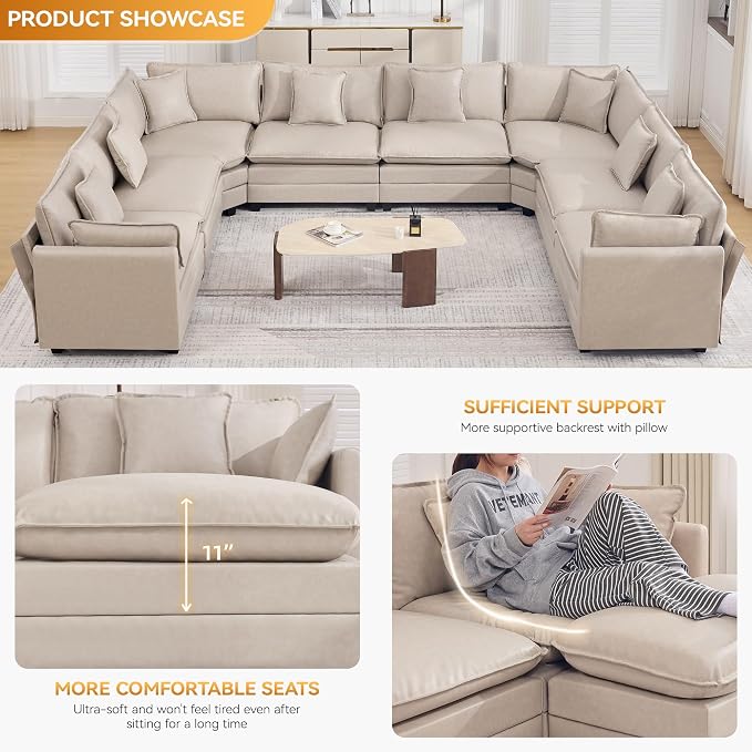 147'' Oversized U Shaped Cloud Sectional Sofa, Leather Deep Seat Couches for Living Room, Comfy Upholstered Modular Sectional Sofa Couch, Leather Beige