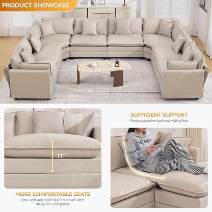 147'' Oversized U Shaped Cloud Sectional Sofa, Leather Deep Seat Couches for Living Room, Comfy Upholstered Modular Sectional Sofa Couch, Leather Beige