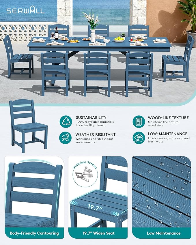 SERWALL 9 Piece 84" HDPE Outdoor Dining Set for 8 with Armless Chairs and Umbrelle Hole, Blue
