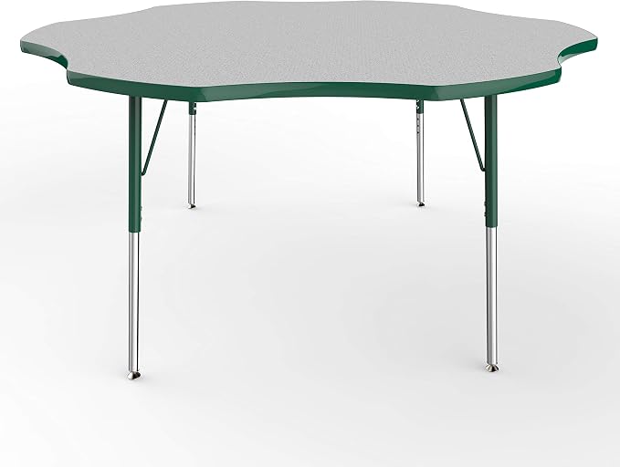 FDP Flower Activity School and Office Table (60 inch), Standard Legs with Swivel Glides for Collaborative Seating Environments, Adjustable Height 19-30 inches - Gray Top and Green Edge