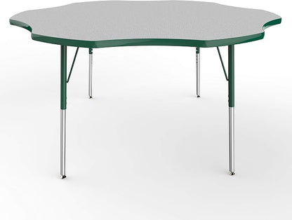 FDP Flower Activity School and Office Table (60 inch), Standard Legs with Swivel Glides for Collaborative Seating Environments, Adjustable Height 19-30 inches - Gray Top and Green Edge