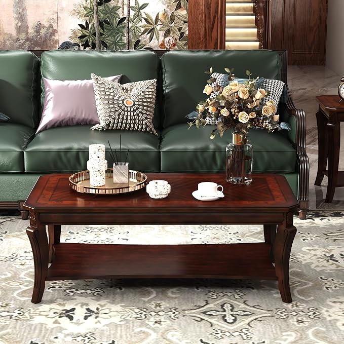 Rectangle Coffee Table for Living Room, Solid Wood Coffee Table with Storage Shelf, Traditional Distressed Farmhouse Style with Shelf, Solid Hardwood Rustic Center Table for Living Room, Cherry 1168WD