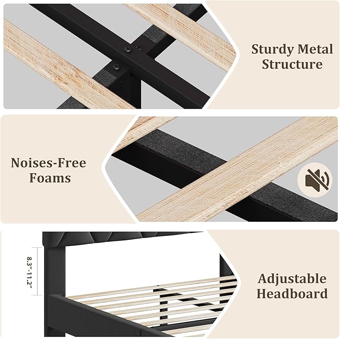 GAOMON Grey Twin XL Bed Frame with Upholstered Headboard, Heavy-Duty Platform Bed Frame with Strong Wood Slats, No Box Spring Needed/Noise Free/Easy Assembly