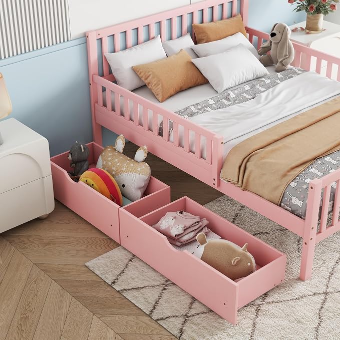 Kids Full Size Bed Frame with Storage Drawers, Wood Full Bed Frames for Kids, Full Bed Frame with Headboard and Footboard for Boys Girls, No Box Spring Needed,Pink