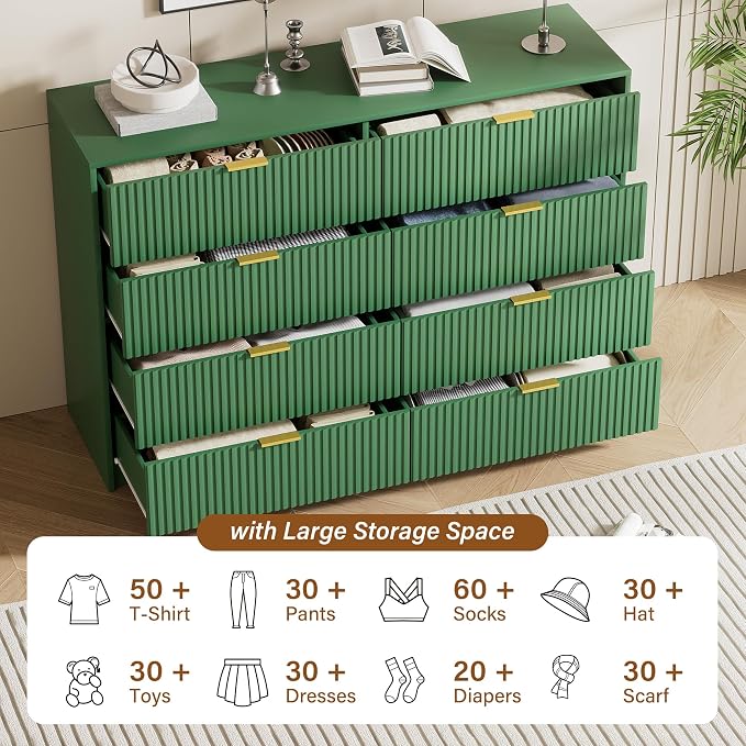 Furniway Green Dresser Bedroom Set 3 Pieces, Nightstands Sets of 2, 8 Drawer Dresser with Gold Handles for Bedroom