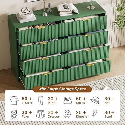 Furniway Green Dresser Bedroom Set 3 Pieces, Nightstands Sets of 2, 8 Drawer Dresser with Gold Handles for Bedroom