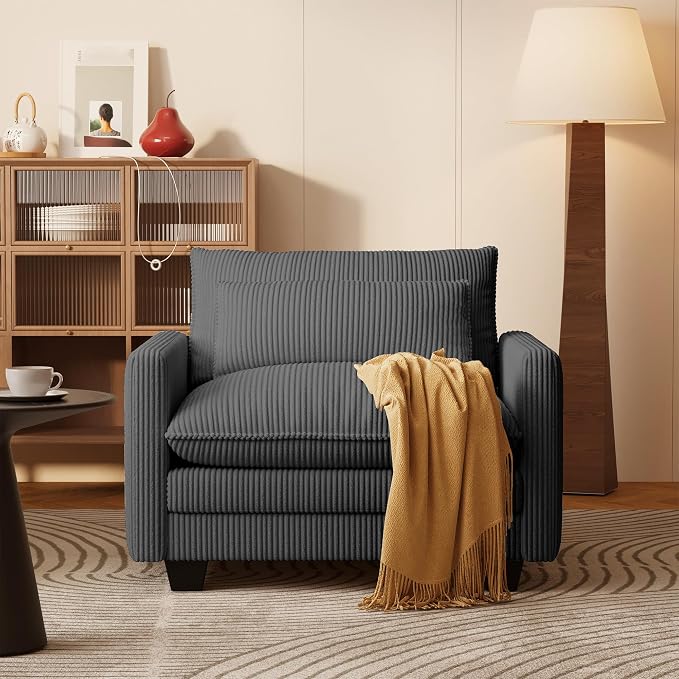 Gizoon Cloud Accent Chair with Washable Cover, Corduroy Single Sofa Chair with Comfy Deep Seat, Modern Armchair with Pillow for Living Room Bedroom, Gray