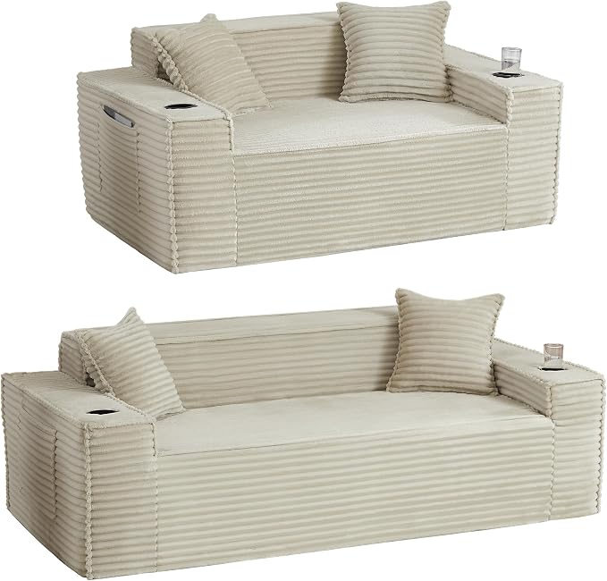 2 Pcs Living Room Cloud Sofa Set,Boneless Sofa Couch with Cup Holder and Side Pocket for Compact Living Rooms, Apartments (Camel, Loveseat + 3 Seat Sofa)