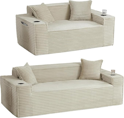 2 Pcs Living Room Cloud Sofa Set,Boneless Sofa Couch with Cup Holder and Side Pocket for Compact Living Rooms, Apartments (Camel, Loveseat + 3 Seat Sofa)