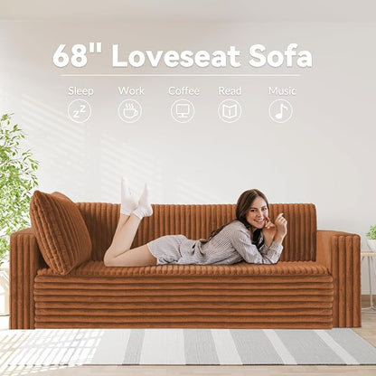 HABUTWAY 68" Loveseat Boneless Couch, 4-in-1 Convertible Sofa Bed, Plush Fur Folding Futon Sofa Bed Couches with 2 Pillows for Living Room, High-Density Foam Support, No Assembly Required, Orange
