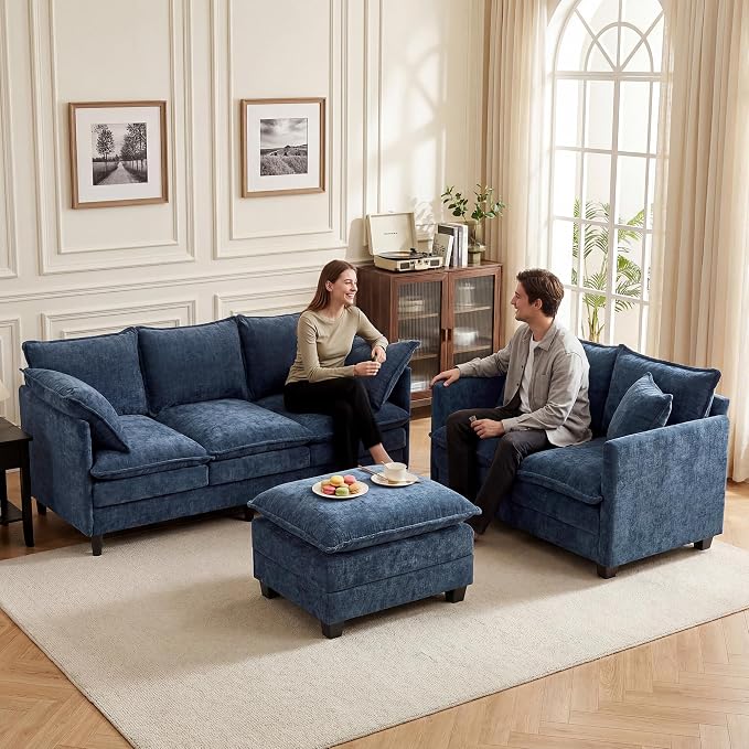 L-Shape Loveseat Sofa Couch with Ottoman, Small 50" Love Seat 27" Deep Cloud Sofa Washable Chenille Pillow for Apartment Bedroom Dorm Attic Studio Office Living Room Small Space 8833-BLUE-L