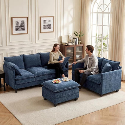 L-Shape Loveseat Sofa Couch with Ottoman, Small 50" Love Seat 27" Deep Cloud Sofa Washable Chenille Pillow for Apartment Bedroom Dorm Attic Studio Office Living Room Small Space 8833-BLUE-L