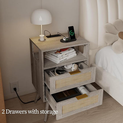 JOONEE Rattan Nightstand with Charging Station,Farmhouse Bedside Table with 2 Storage Drawer and Open Wood Shelf, for Bedroom and Small Spaces,Night Stand with Solid Wood Legs (Grey Oak-Outlet)