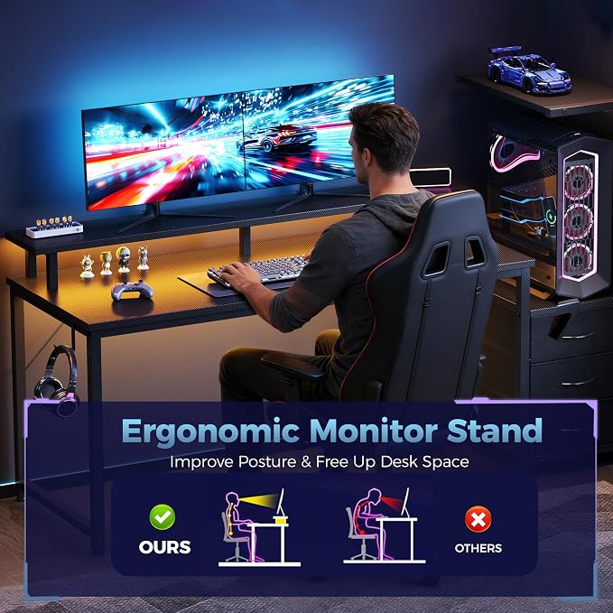 DUMOS 59” Gaming Desk with USB Charging Ports & LED Lights, Reversible Computer Desk with Drawers, PC Desk for Home Office Small Space, Gaming Table Fits PC Towers, Black