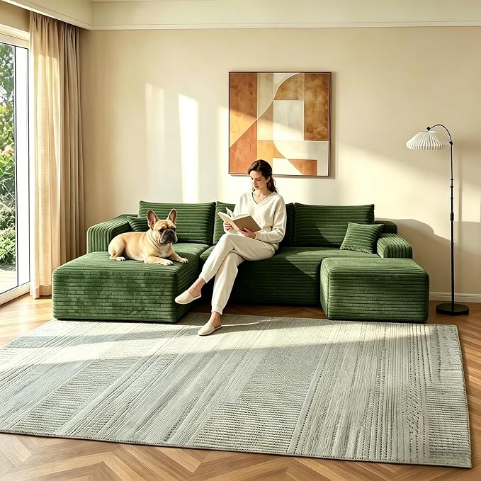 JINGLING 94" U Shaped Boneless Sectional Couch Set for Living Room, Plush Corduroy Modular Sofa with Ottoman, Small Space Apartment Couch, No Assembly, Left Facing Chaise, Green