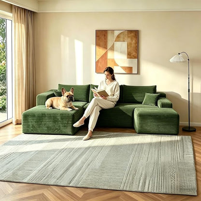 JINGLING 94" U Shaped Boneless Sectional Couch Set for Living Room, Plush Corduroy Modular Sofa with Ottoman, Small Space Apartment Couch, No Assembly, Left Facing Chaise, Green