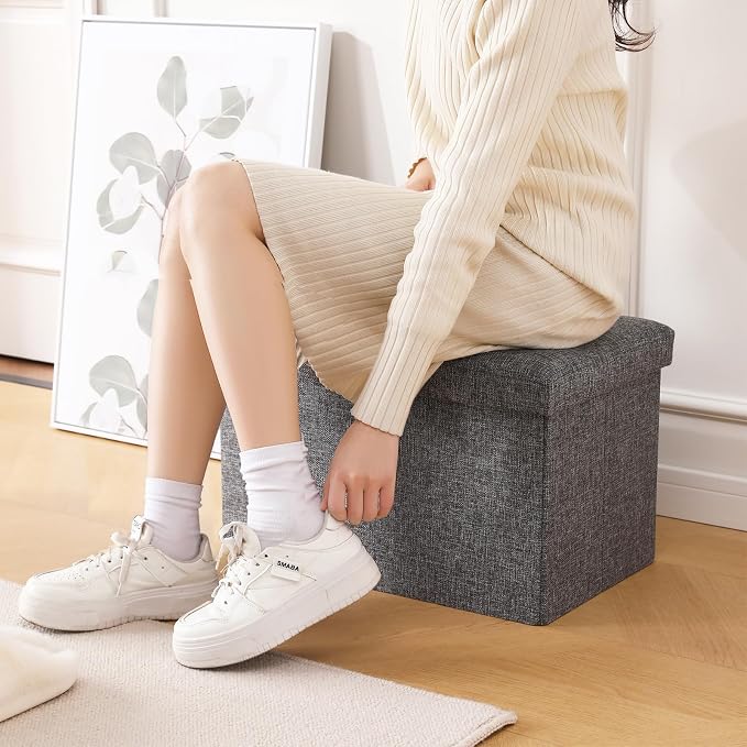 Storage Ottoman Cube Small Footrest Foldable Seat Foot Stools Square Tufted Ottoman Linen Beige