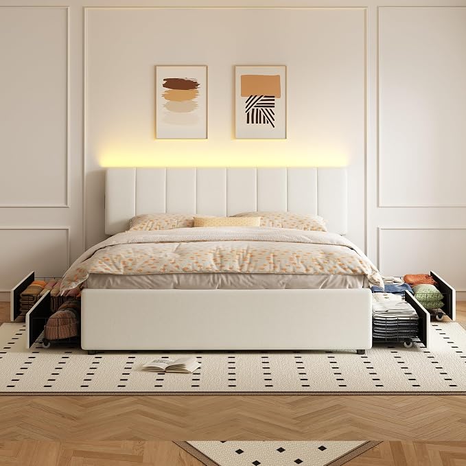 King Size Upholstered Platform Bed with 4 Storage Drawers | 4 Storage Drawers, USB/Type-C Charging,APP-Controlled LED Lights,No Box Spring Needed,Beige Chenille Fabric,Easy to Assemble