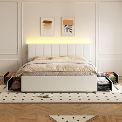 King Size Upholstered Platform Bed with 4 Storage Drawers | 4 Storage Drawers, USB/Type-C Charging,APP-Controlled LED Lights,No Box Spring Needed,Beige Chenille Fabric,Easy to Assemble