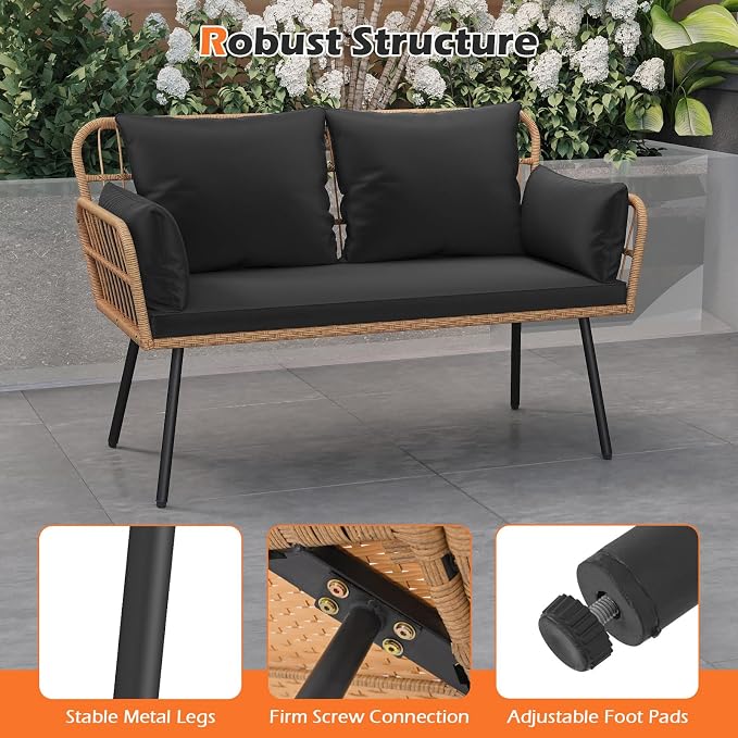 Tangkula Patio Wicker Loveseat, Outdoor 2-Seater PE Rattan Sofa with Pillows, Cushions, Metal Frame & Adjustable Foot Pads, 660 lbs Outside Couch for Porch, Backyard & Poolside (Black, 50.5" L)